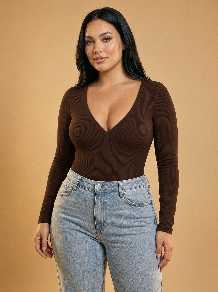 Comfy Club Long Sleeve Waist Shaping Bodysuit in Brown, deep V-neck, model view.